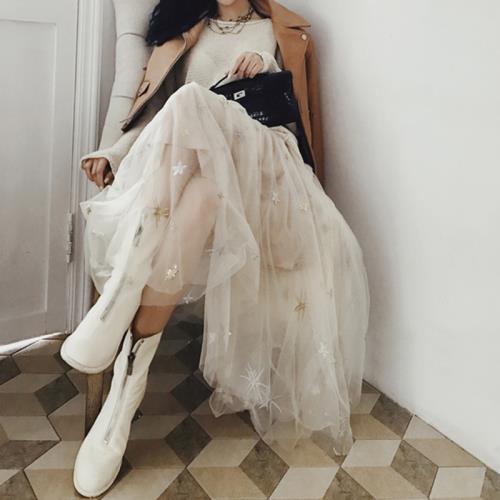 撿漏洋氣杏色四季可穿重工刺繡珠片雙層網紗半身裙時尚中長裙