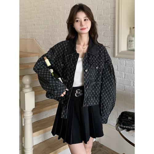 黑色格紋牛仔外套女2025春秋新款時尚減齡小個子顯瘦韓系短款上衣
