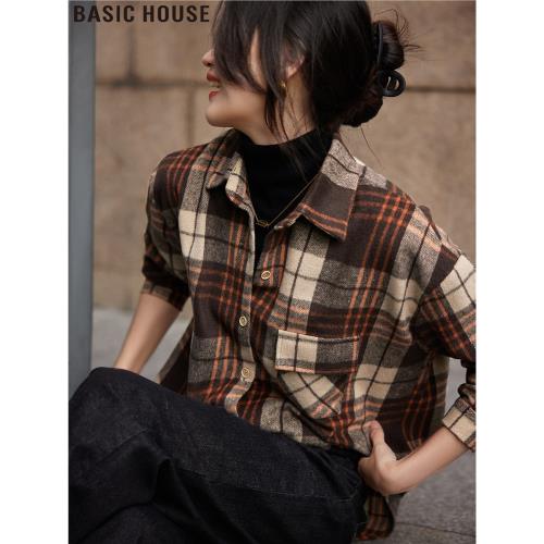 Basic House/百家好南國晚風復古磨毛加厚疊穿格子襯衫女秋冬新款