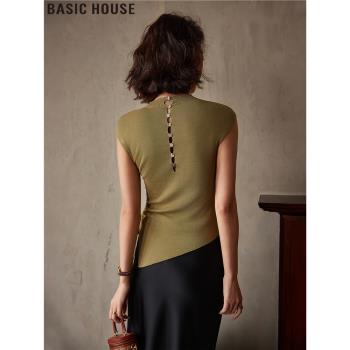 Basic House/百家好輕氧假日顯瘦薄款冰絲短袖針織衫女2025夏新款
