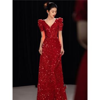 紅色亮片晚禮服女高階感學生日成人禮畢業主持人藝考合唱團演出服