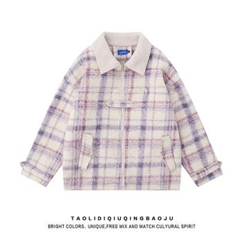 美式復古立體星星格子翻領棉衣棉服女冬季加厚小眾設計感毛呢外套