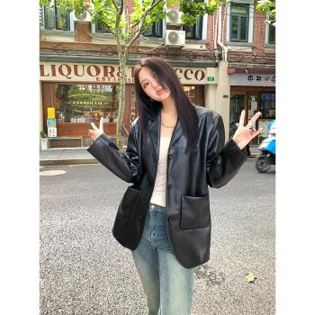秋冬季黑色復古休閑pu皮衣西裝外套女士休閑高階感皮料寬松夾克女