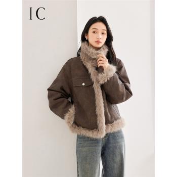 IC復古做舊設計寬松毛毛短外套冬2025新款皮草機車服女式皮毛一體