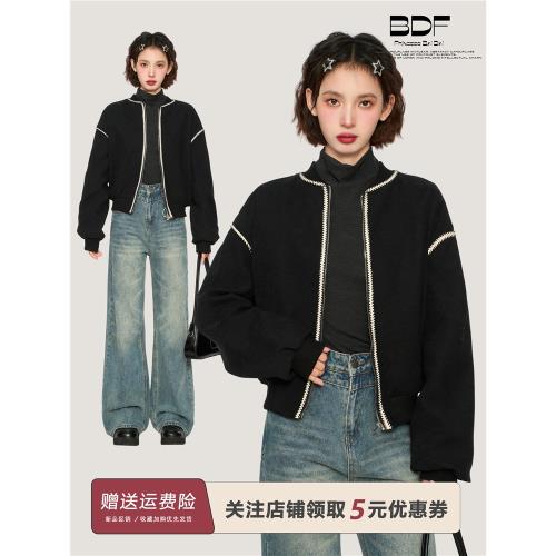 黑色短款外套女秋冬季小個子棒球服寬松休閑夾克新款拉鏈開衫上衣