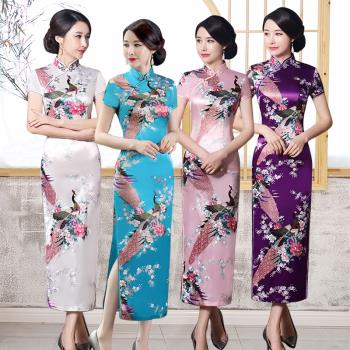 杭州絲綢旗袍長款復古氣質2025年夏新款到腳踝高開叉走秀演出日常
