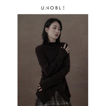 UNOBLE交叉設計感半高領套頭針織上衣女外穿上衣羊毛長袖氣質毛衣