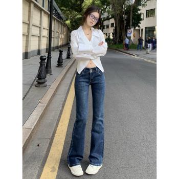 2025春季中低腰微辣喇叭牛仔褲女新款春秋季小個子復古深藍色褲子