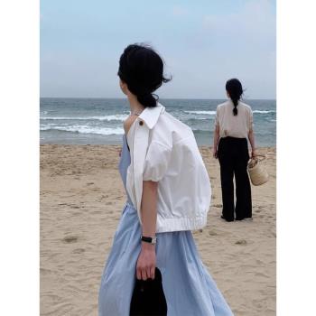 韓國chic夏季小眾百搭翻領口袋寬松休閑短款拉鏈式短袖夾克外套女