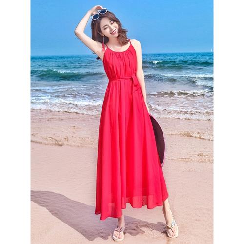 海島吊帶沙灘裙女夏海邊度假波西米亞長裙紅色雪紡連衣裙大擺系帶