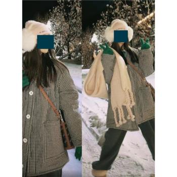 清新黑白小格子棉服女冬季小個子中長款加厚保暖復古夾棉大衣外套