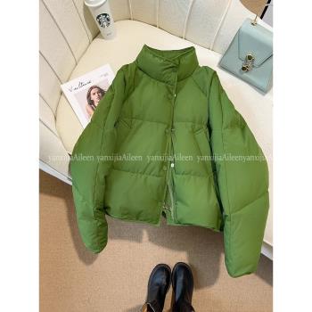 綠色羽絨棉服女冬裝大碼短款加厚保暖麵包服設計感立領棉衣外套潮