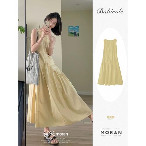 法式氣質無袖背心連衣裙淡黃色女裝夏季多巴胺甜美減齡a字長裙子