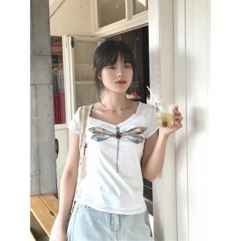 手繪印花女夏季雙層卷邊修身T恤