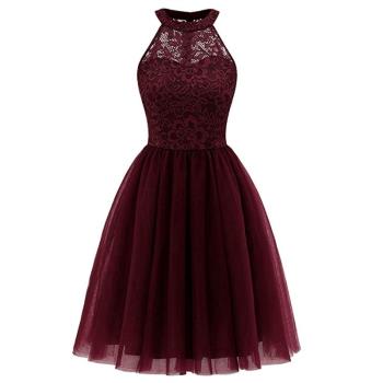 夏季圓領掛脖露肩性感透視蕾絲網紗拼接無袖晚禮服連衣裙女DRESS