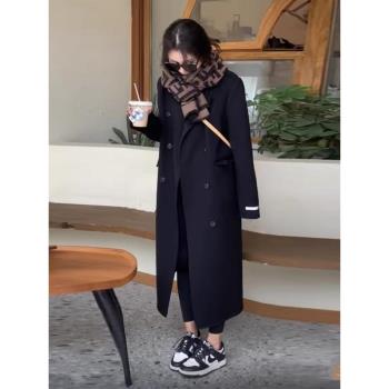 黑色雙面羊絨大衣女2025春裝新款韓系正肩h型中長款羊毛呢子外套
