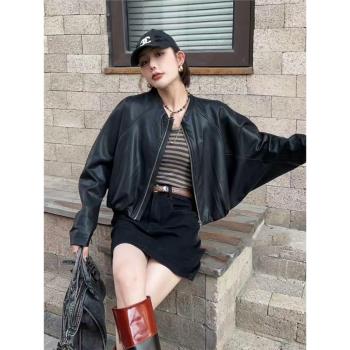 春秋冬新款蝙蝠俠寬松休閑版型皮衣女百搭顯瘦長袖pu軟皮上衣潮