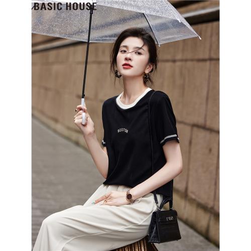 Basic House/百家好撞色正肩寬松刺繡短袖T恤上衣女2025夏季新款