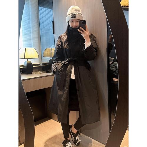 黑色韓系立領風衣羽絨服女冬季新款90白鴨絨加厚收腰長款大衣外套