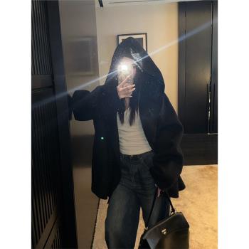 黑色雙面羊毛呢子大衣女2024冬小個子連帽短款毛呢外套寬松慵懶風