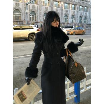 黑色毛領呢子收腰大衣女秋冬季羽絨內膽加厚高階感中長款毛呢外套