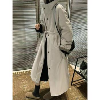 立領長款風衣羽絨服女2024冬季新款90白鴨絨大衣寬松韓系外套黑色