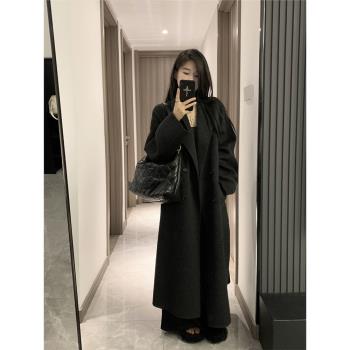 黑色呢子大衣女2024冬季寬松韓系小個子羽絨內膽加厚長款毛呢外套