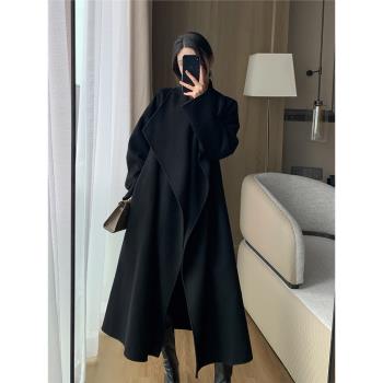 黑色雙面羊毛大衣女2024新款大翻領韓系寬松長款毛呢子外套赫本風