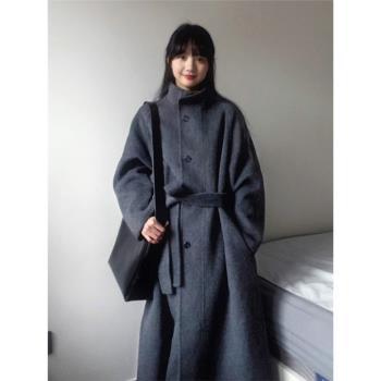 灰色立領呢子大衣女2024年冬季加厚寬松慵懶風韓系小個子毛呢外套