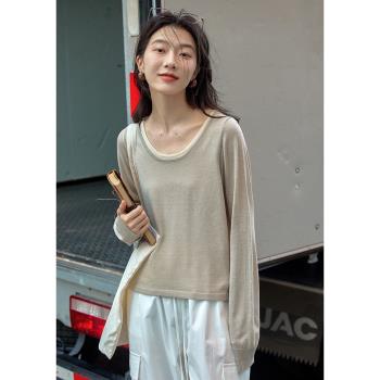 覓定圓領長袖寬松T恤女2025早春新款打底衫設計感假兩件初秋上衣