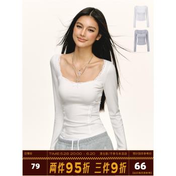 Ariseism 美式復古蕾絲領長袖t恤女2025春秋新款修身內搭打底上衣