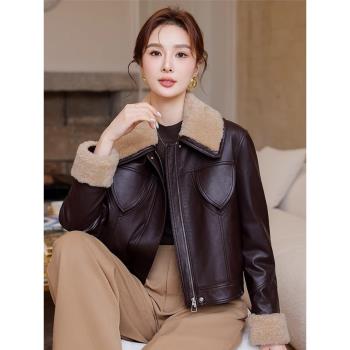 真皮皮衣女短款2024冬季皮毛一體油蠟綿羊皮夾克白鵝絨羽絨服外套
