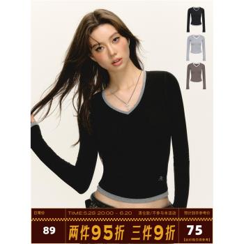 Ariseism 美式復古撞色V領長袖t恤女2025春秋新款修身打底上衣