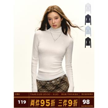 Ariseism 美式復古小高領長袖針織打底衫女春季新款內搭修身上衣