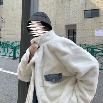 正反兩穿棉衣牛仔兔毛外套女冬季寬松百搭加絨加厚毛茸茸棉服上衣