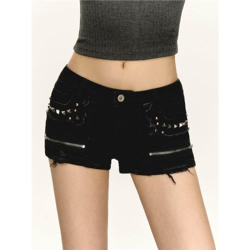 Ariseism 美式復古黑色低腰牛仔短褲女2025春季新款辣妹緊身熱褲