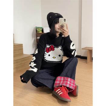 陳小姐 圓領毛衣女2024秋冬季hello Kitty塗鴉寬松外穿針織衫上衣