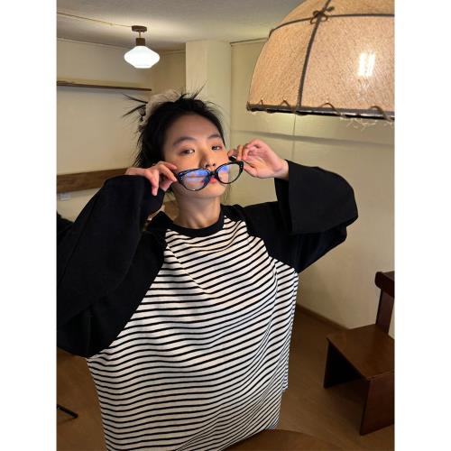 27 ONLINESTORE黑白條紋長袖上衣簡約寬松慵懶風2025年新款T恤女