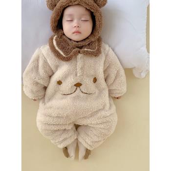 新生嬰兒衣服秋冬季套裝寶寶珊瑚絨小熊連體衣嬰幼兒冬裝外出爬服