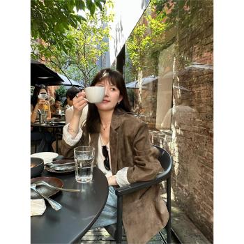 鹿月欣麂皮絨西裝外套女寬松咖色春秋季韓版高階感復古美拉德皮衣