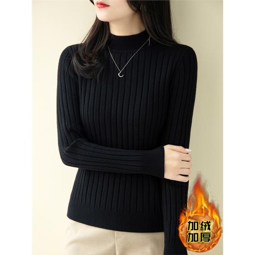 2024年半高領加絨加厚內搭針織打底衫冬季修身時尚長袖上衣毛衣女