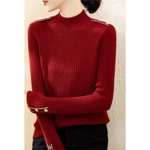 寬松半高領亮絲長袖針織衫毛衣冬季加厚款紐扣設計坑條打底女內搭