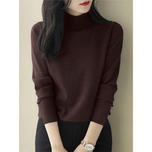 春季2025年半高領深棕色套頭內搭女上衣高級感時尚羊毛毛衣打底衫