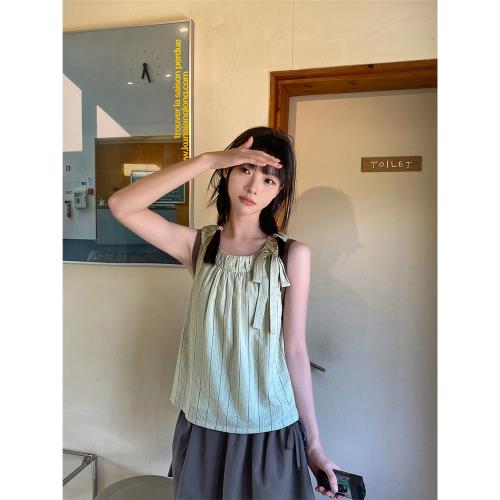 奶兔星球-自制 蝴蝶結綁帶掛脖背心女夏外穿2024新款寬松薄款上衣