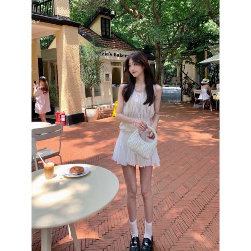 小清新減齡套裝女夏季束腰短款無袖背心上衣白色半身裙氣質兩件套
