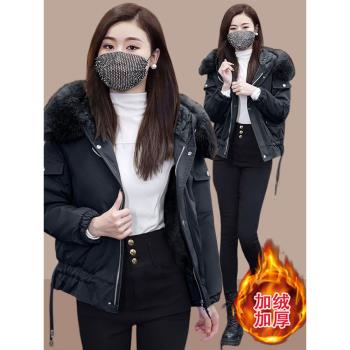 黑色加絨派克服女2025年新款爆款冬季設計感時尚毛領棉服加厚外套