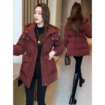 中長款紅色羽絨棉服女2025冬新款洋氣連帽小個子收腰顯瘦麵包外套