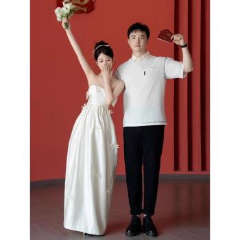 訂婚晚禮服裙法式抹胸緞面輕婚紗領證登記高階簡約白色晨袍女新娘