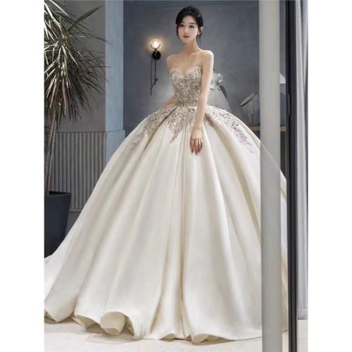 法式緞面抹胸婚紗新娘2025新款齊地高級質感奢華重工長拖尾小個子