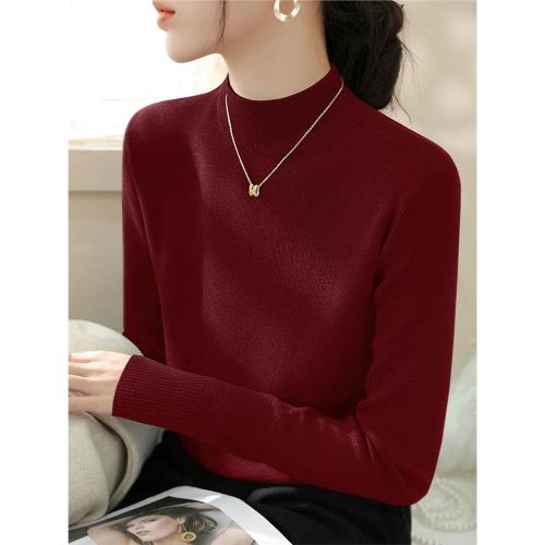 高級感加厚款冬季半高領長袖針織衫女套頭酒紅色寬松毛衣打底內搭